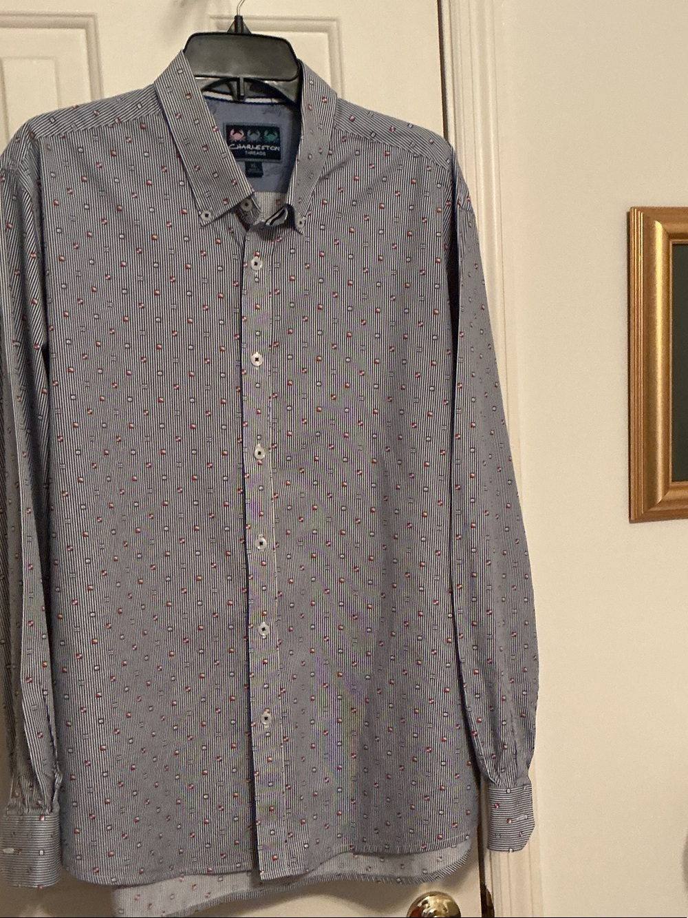 Charleston Threads  Men's Sz XL Light Blue Striped Shirt w/Nautical Flag Design
